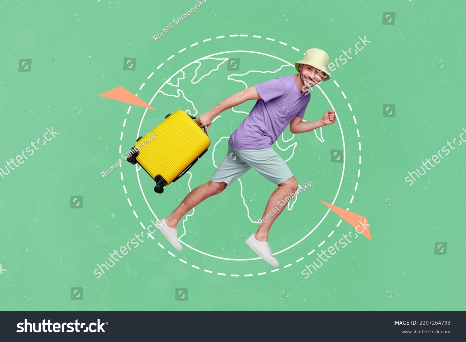 Collage 3d image of pinup pop retro sketch of funny funky running fast man want see world tourist carry suitcase around planet adventure #2207264733
