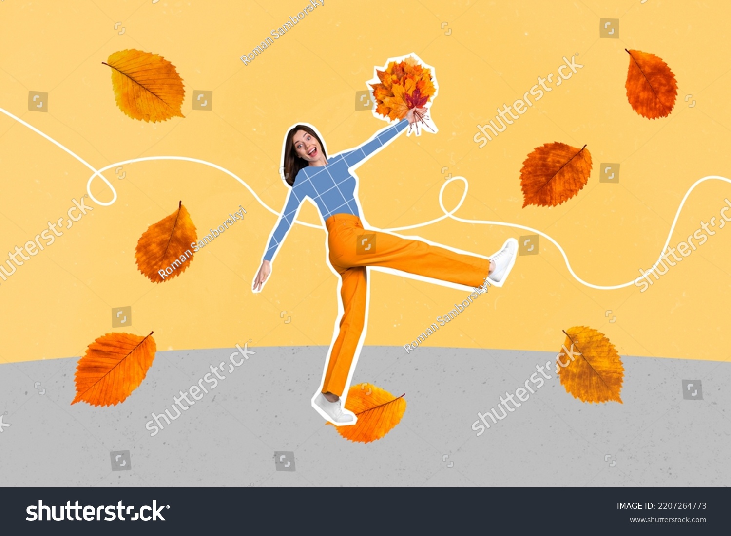 Creative abstract template collage of funny funky excited woman holding bunch orange golden autumn leaves have fun enjoy season walking #2207264773