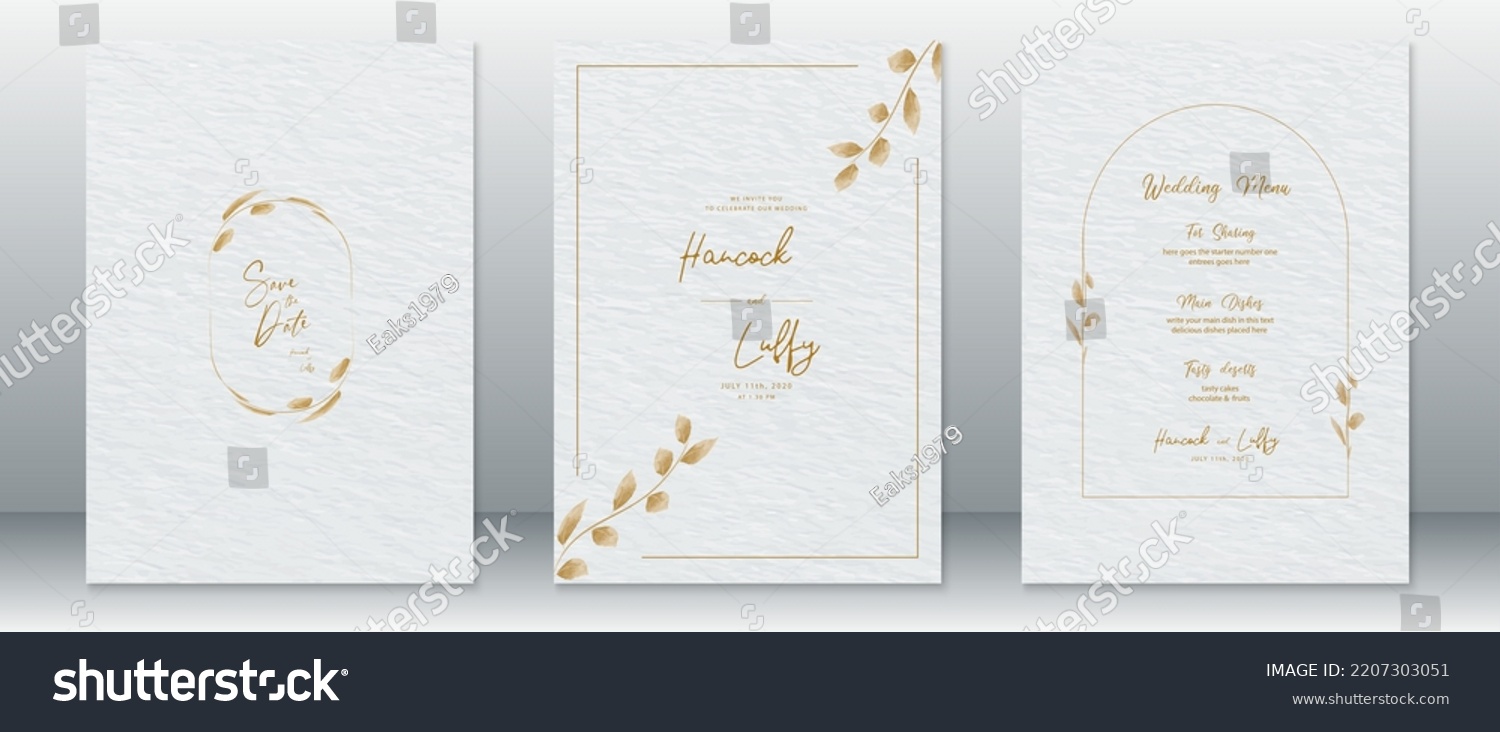 Wedding invitation card template luxury design with gold frame ,gold leaf wreath and watercolor texture background #2207303051