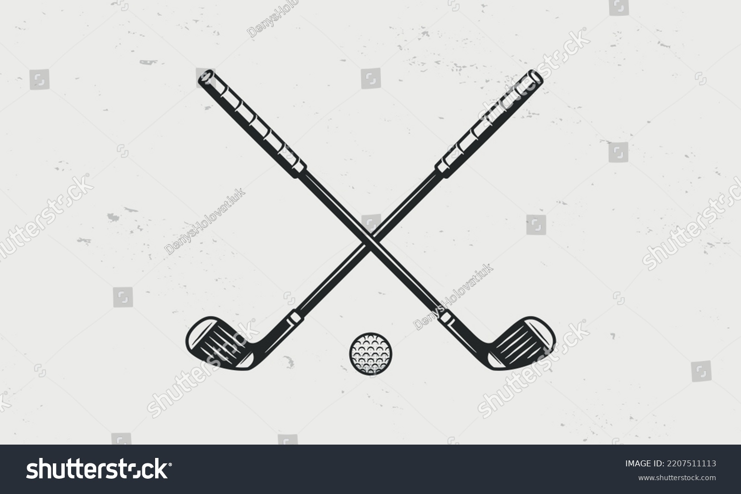Golf clubs and ball silhouettes isolated on white background. Crossed Golf clubs. Vintage design elements for logo, badges, banners, labels. Vector illustration #2207511113