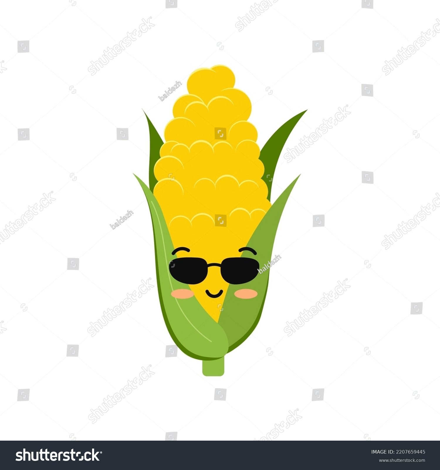 Cute corn cob wearing sunglasses funny cool cartoon baby snack character vector icon. Flat design kawaii maize emoji with face illustration isolated on white background. Sweetcorn kids mascot. #2207659445