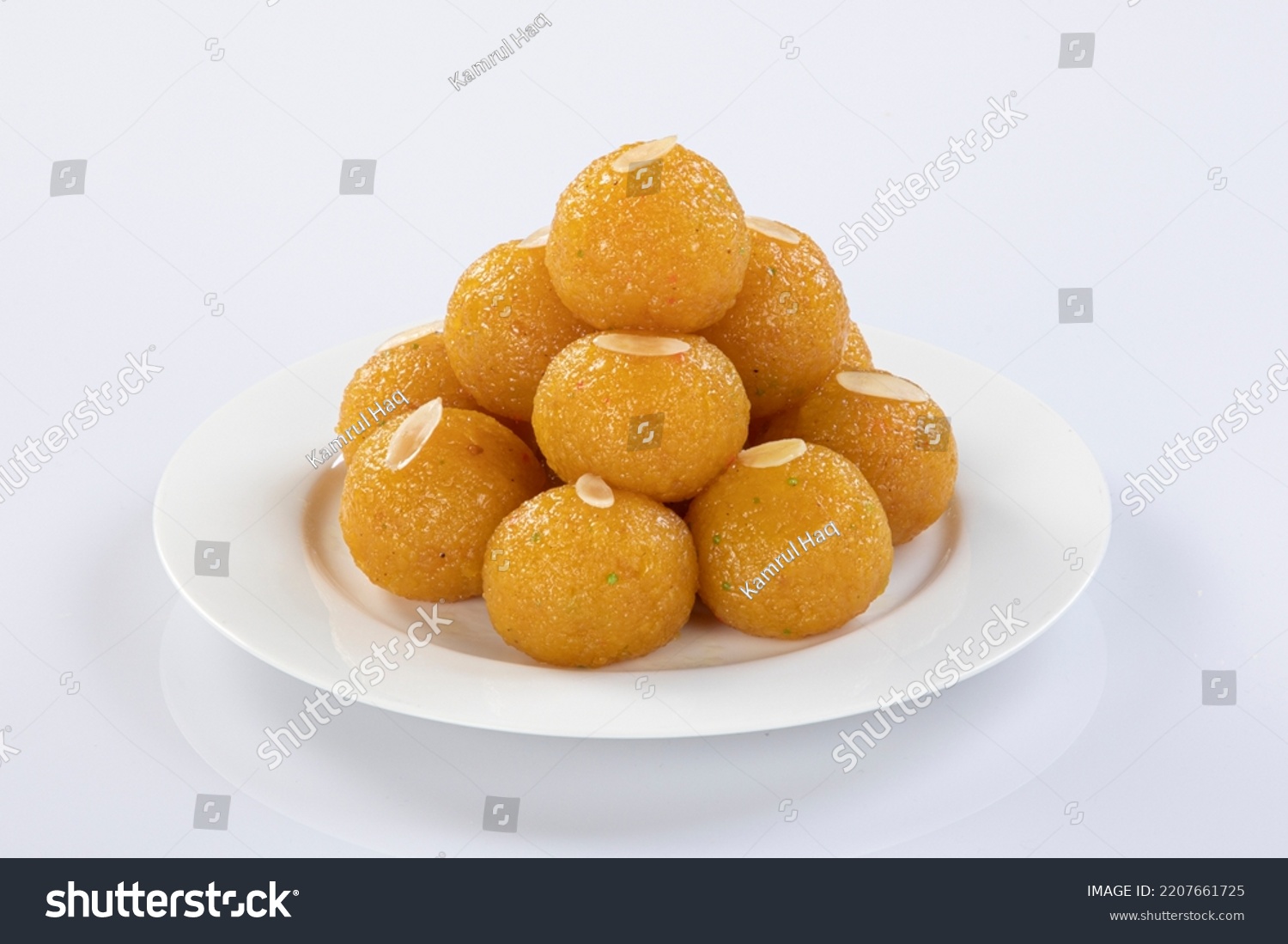 Indian Sweet Motichoor laddoo Also Know as Bundi Laddu or Motichur Laddoo Are Made of Very Small Gram Flour Balls or Boondis Which Are Deep Fried. Isolated On white background. #2207661725