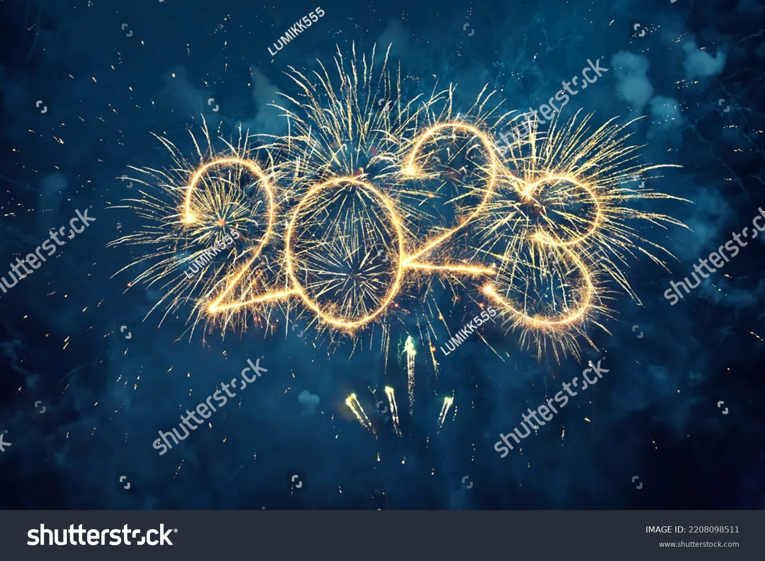 Happy New Year 2023. Beautiful creative holiday web banner or flyer with Golden firework and sparkling number 2023 on night blue sky background. #2208098511