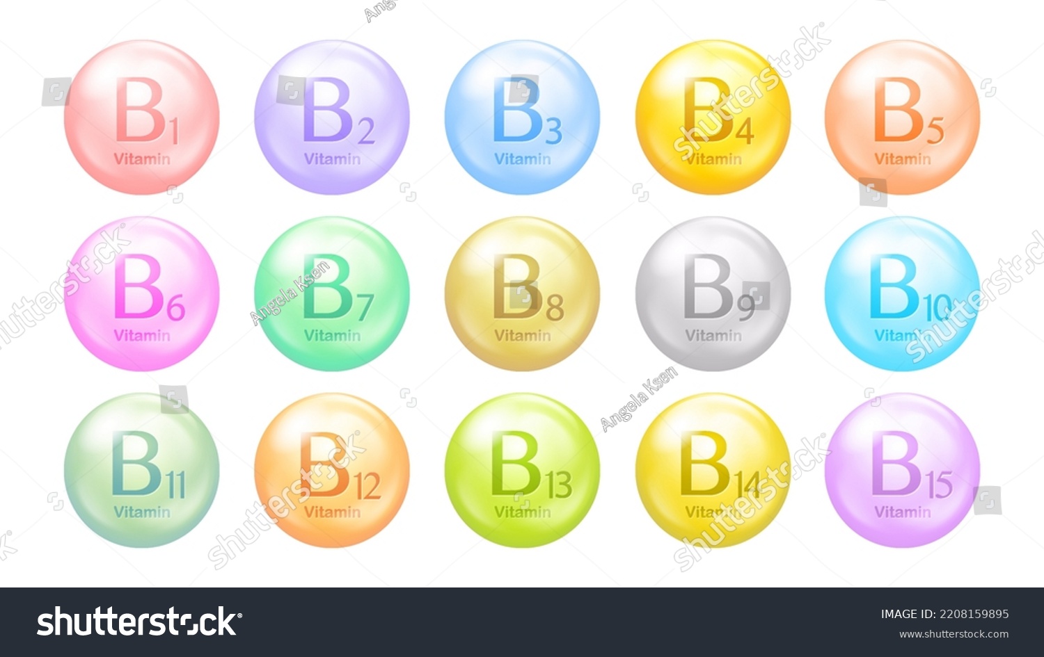 Vitamins B group vector icons. Set of round multicolored pills. Healthy life concept #2208159895