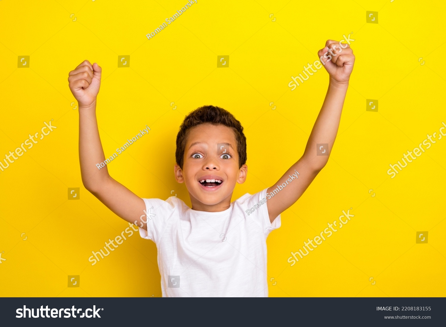 Photo of satisfied boy football fan celebrate rejoice scream yes support favorite team hand arm raise isolated on yellow color background #2208183155