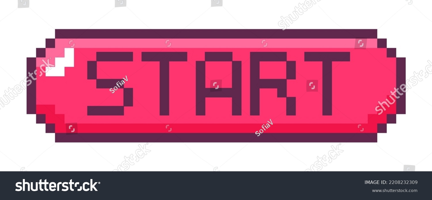 Start button for arcades, box with pixelated text. Level beginning, tile with copy space, playing interface elements. Pixel art, 8 bit retro graphics, old games designs. Vector in flat style #2208232309