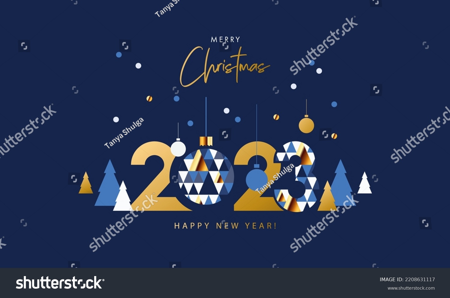 Merry Christmas and Happy New Year banner, greeting card, poster, holiday cover. Modern Xmas design in geometric style with triangle pattern, Christmas tree, ball, snow and 2023 number on night blue  #2208631117