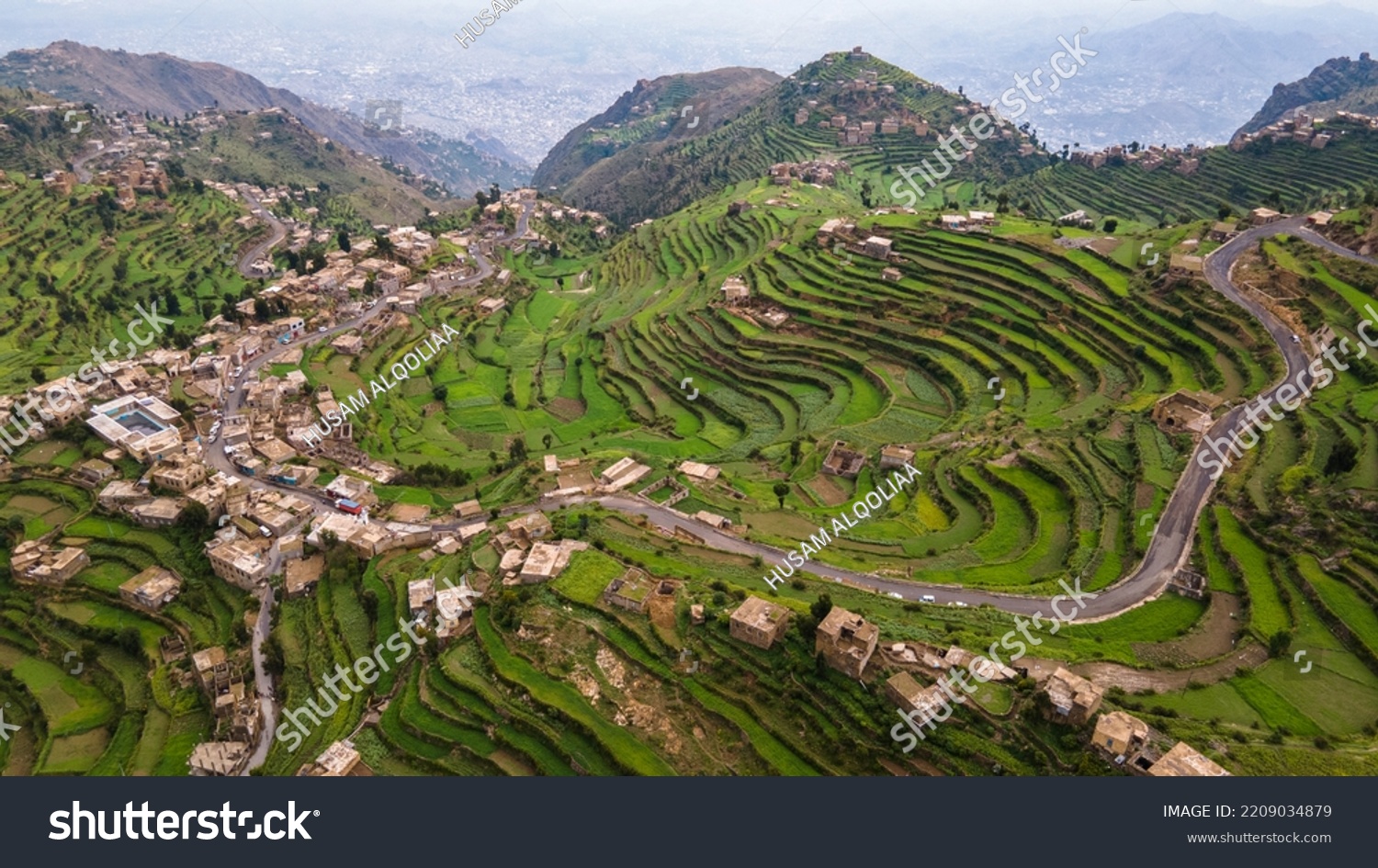 An aerial view of the Yemeni landscape of Jabal Sabr in Taiz city. The beauty of Yemen. Yemeni Tourism #2209034879