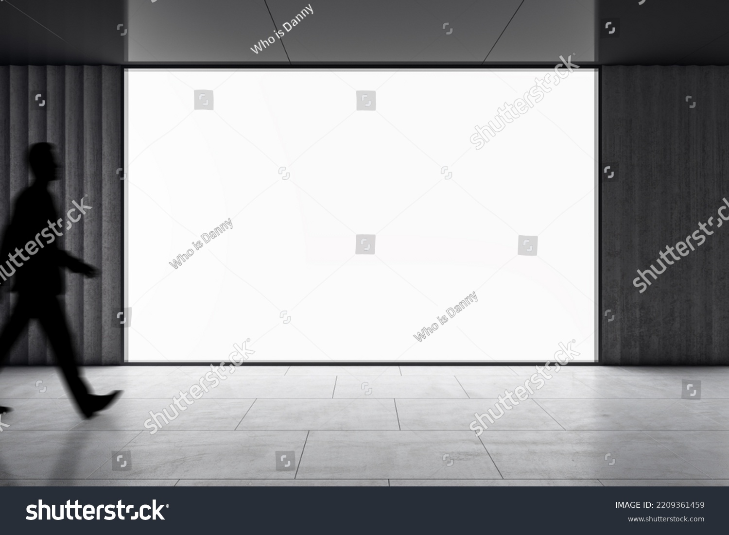Dark man silhouette walking by big blank white screen with space for your logo or text in abstract empty hall area with dark ceiling and floor, mockup #2209361459