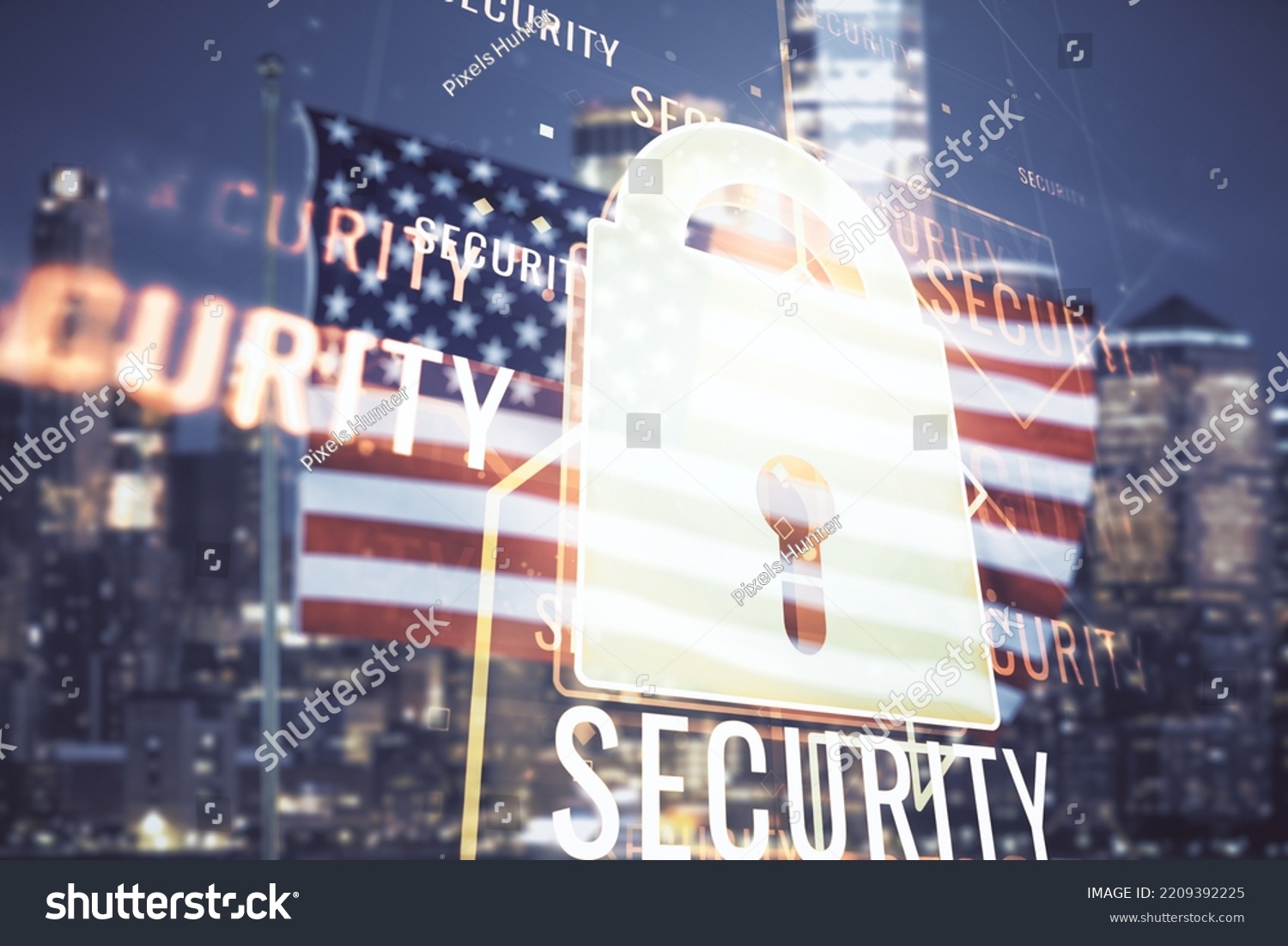 Virtual creative lock illustration with microcircuit on USA flag and blurry skyscrapers background, cyber security concept. Multiexposure #2209392225