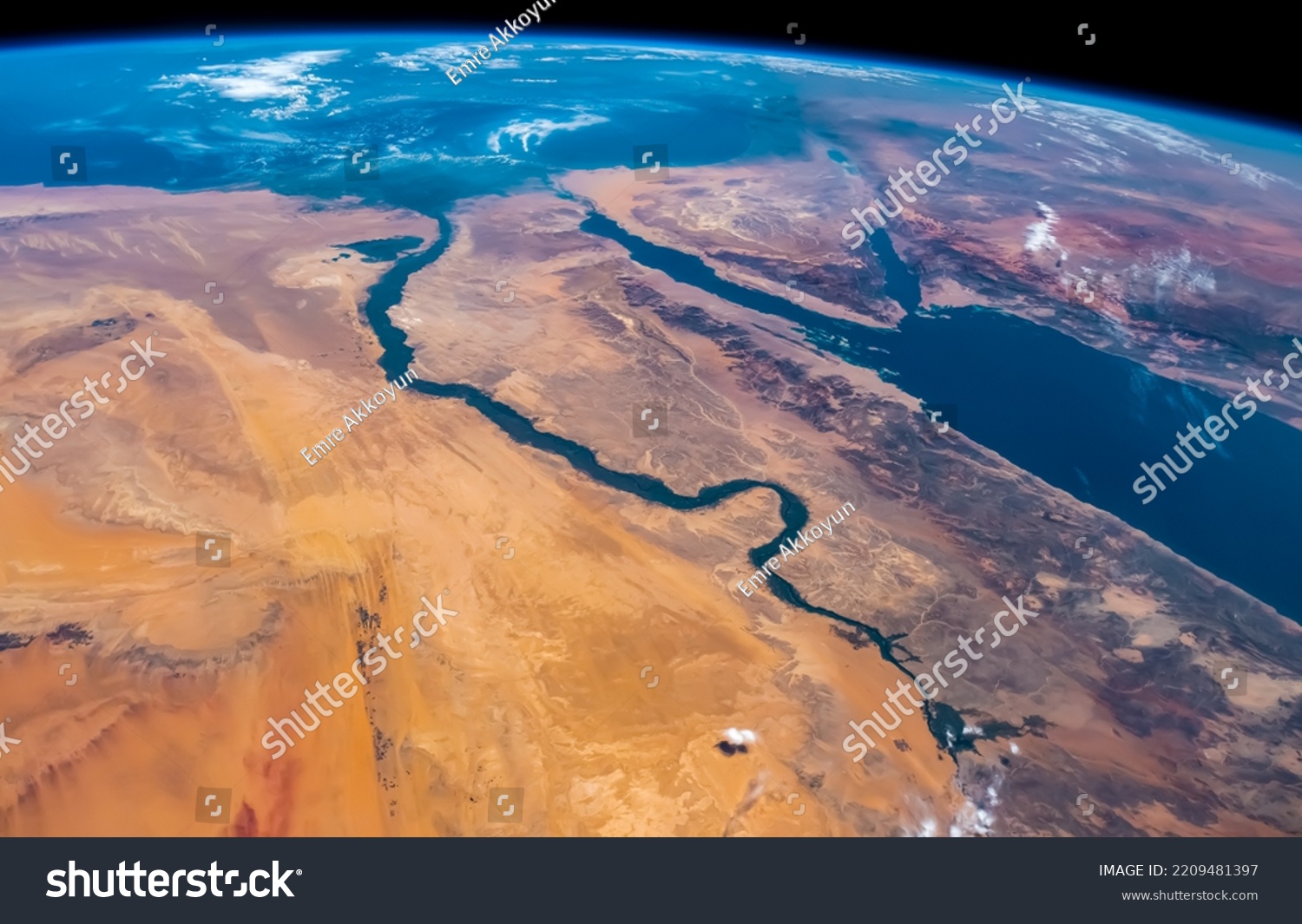 Aerial view of Nile River, Red Sea and Mediterranean Sea. Egypt, Saudi Arabia, Israel and Jordan as seen from space. Satellite view. Elements of this image furnished by NASA. #2209481397