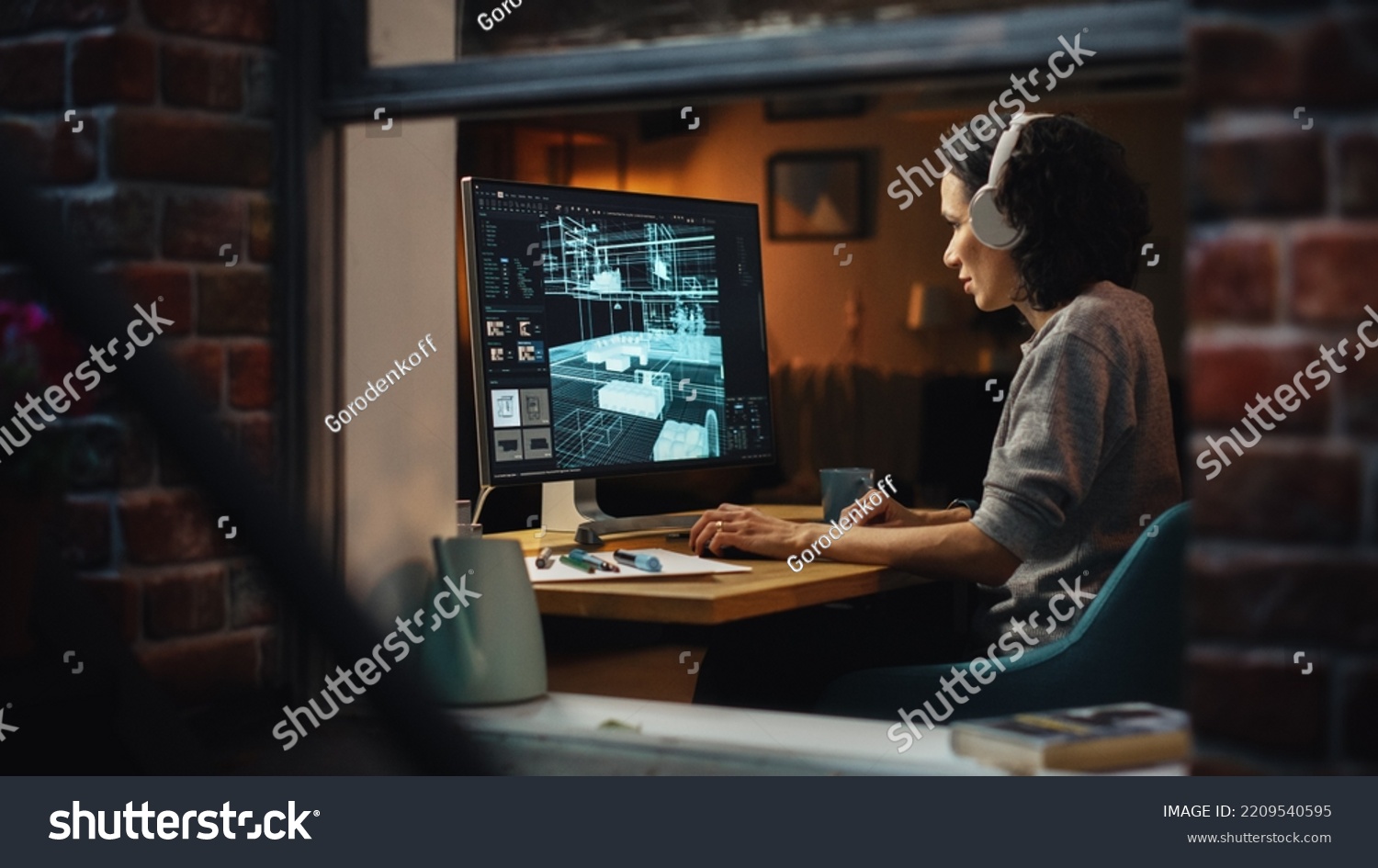Creative Female 3D Architect Artist Using Desktop Computer with Display Showing CAD Real Estate Project. Brazilian Woman Video Game Developer Creating Gaming Level. View Into the Apartment Window. #2209540595
