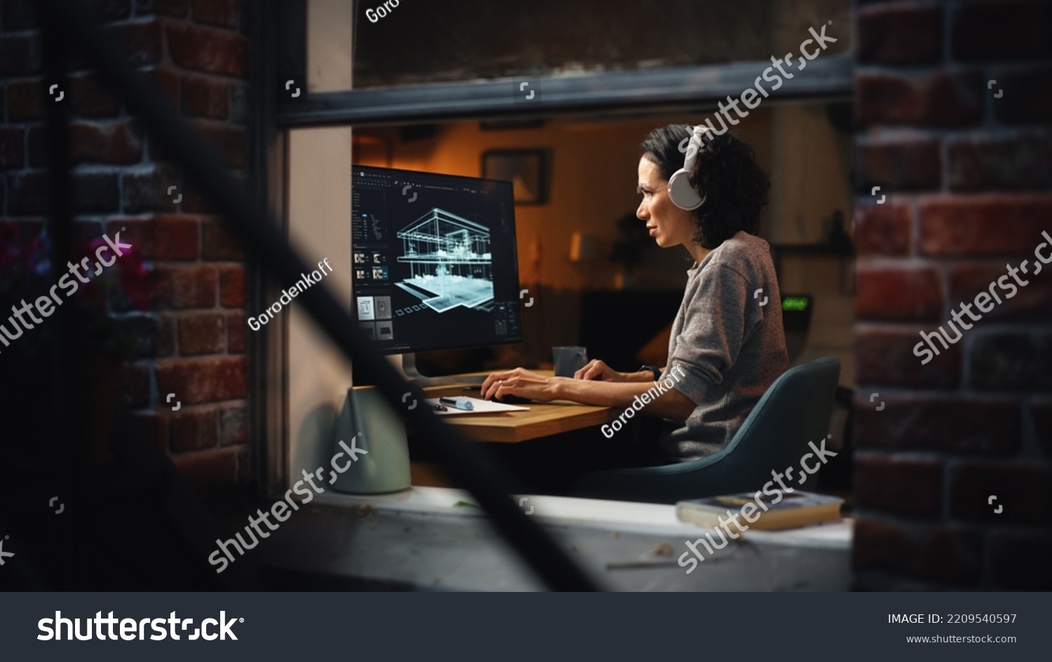 Creative Female 3D Architect Artist Using Desktop Computer with Screen Showing CAD Real Estate Project. Brazilian Woman Video Game Developer Creating Gaming Level. View Into the Apartment Window. #2209540597