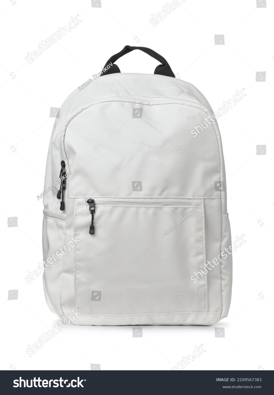 Front view of white textile backpack isolated on white #2209567383