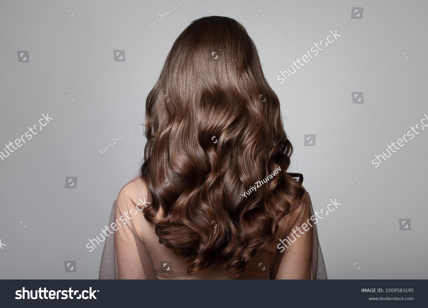 Portrait of a beautiful girl with luxurious curly long hair. Back view. #2209583195