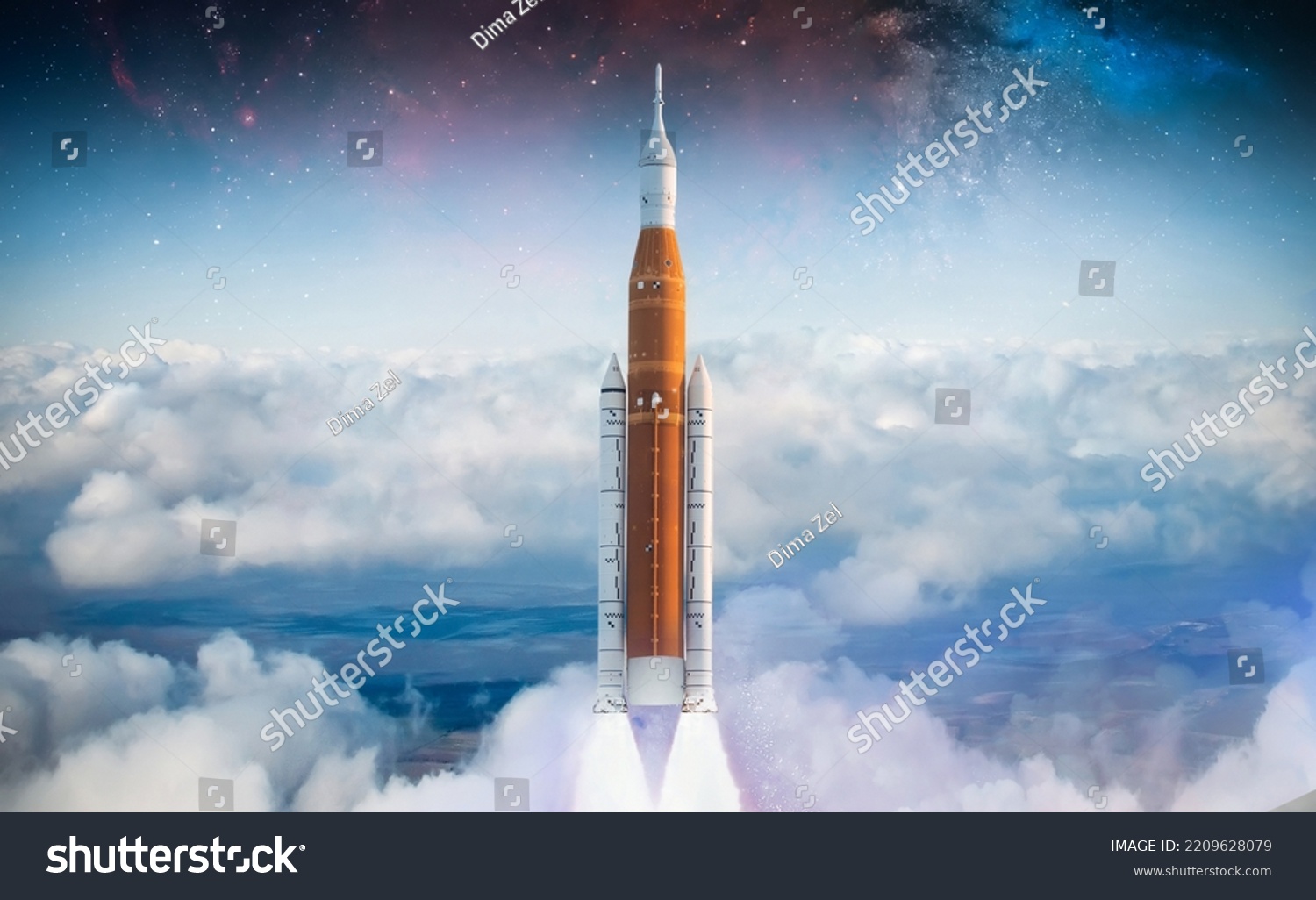 Space rocket take off from Earth. Spacecraft in sky. Mission on Moon of Orion spacecraft. Spaceship take off. Artemis space program. Elements of this image furnished by NASA #2209628079