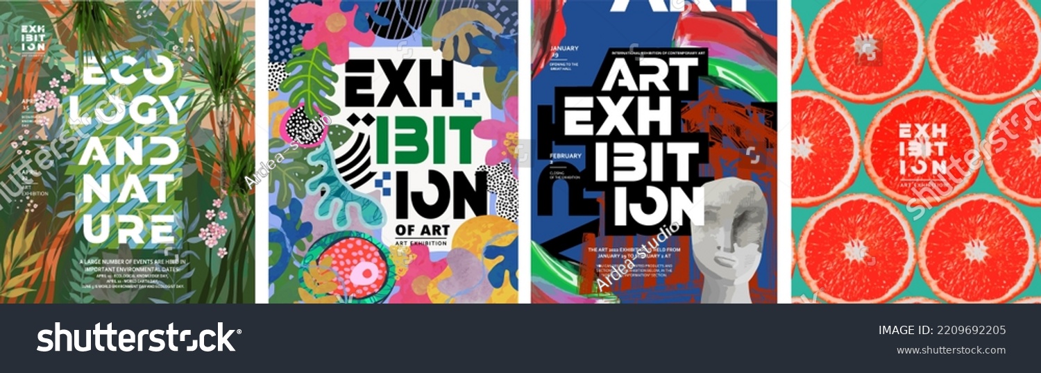 Posters for exhibitions of art, sculpture, nature and ecology. Vector illustrations of objects, stains, abstraction, paint and grapefruit halves for background, flyer or card #2209692205