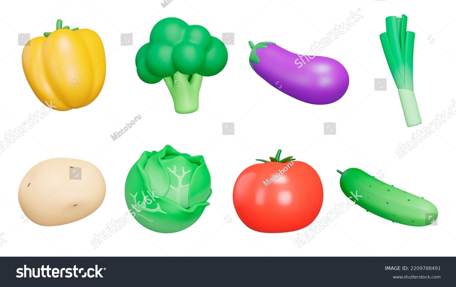 Vegetables 3d icon set. Bell pepper, broccoli, eggplant, leeks, potatoes, cabbage, tomato, cucumber. Isolated icons, objects on a transparent background #2209788491