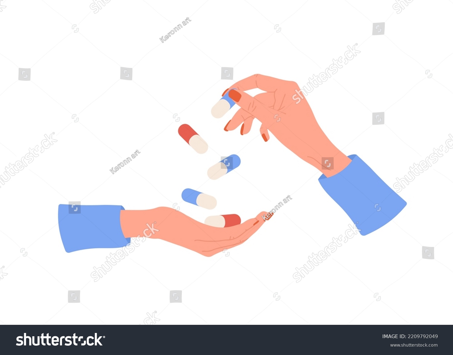 Female hand holding pills. Healthcare and medicine concept. Woman drinks vitamin complex and minerals. Vector illustration in flat cartoon style. Medication and pharmaceutical drug. #2209792049