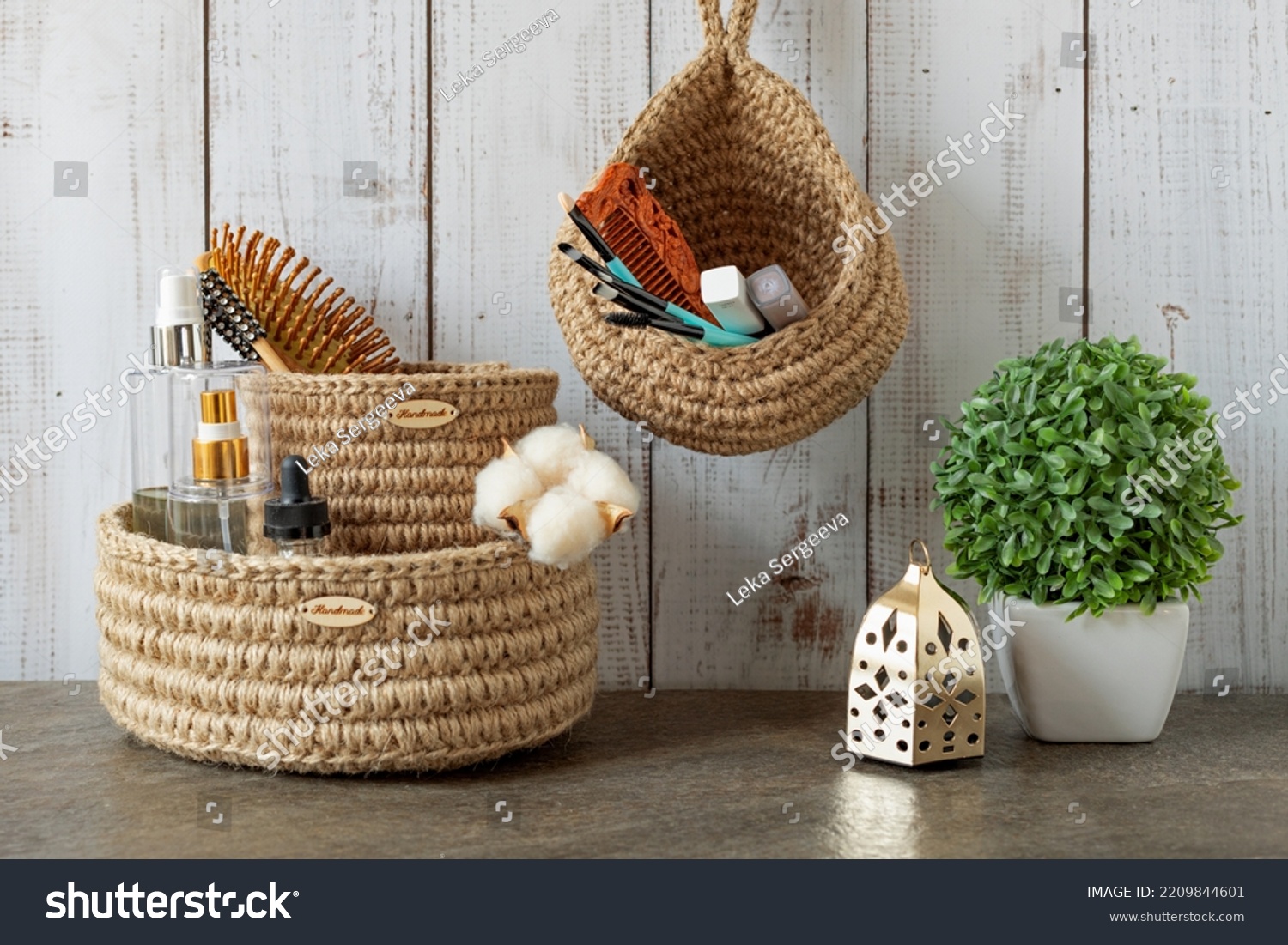 hand-knitted jute boxes for accessories and cosmetics, Scandinavian style, zero waste storage, eco-friendly, natural and recyclable materials, cozy interior with baskets for bathroom acce #2209844601