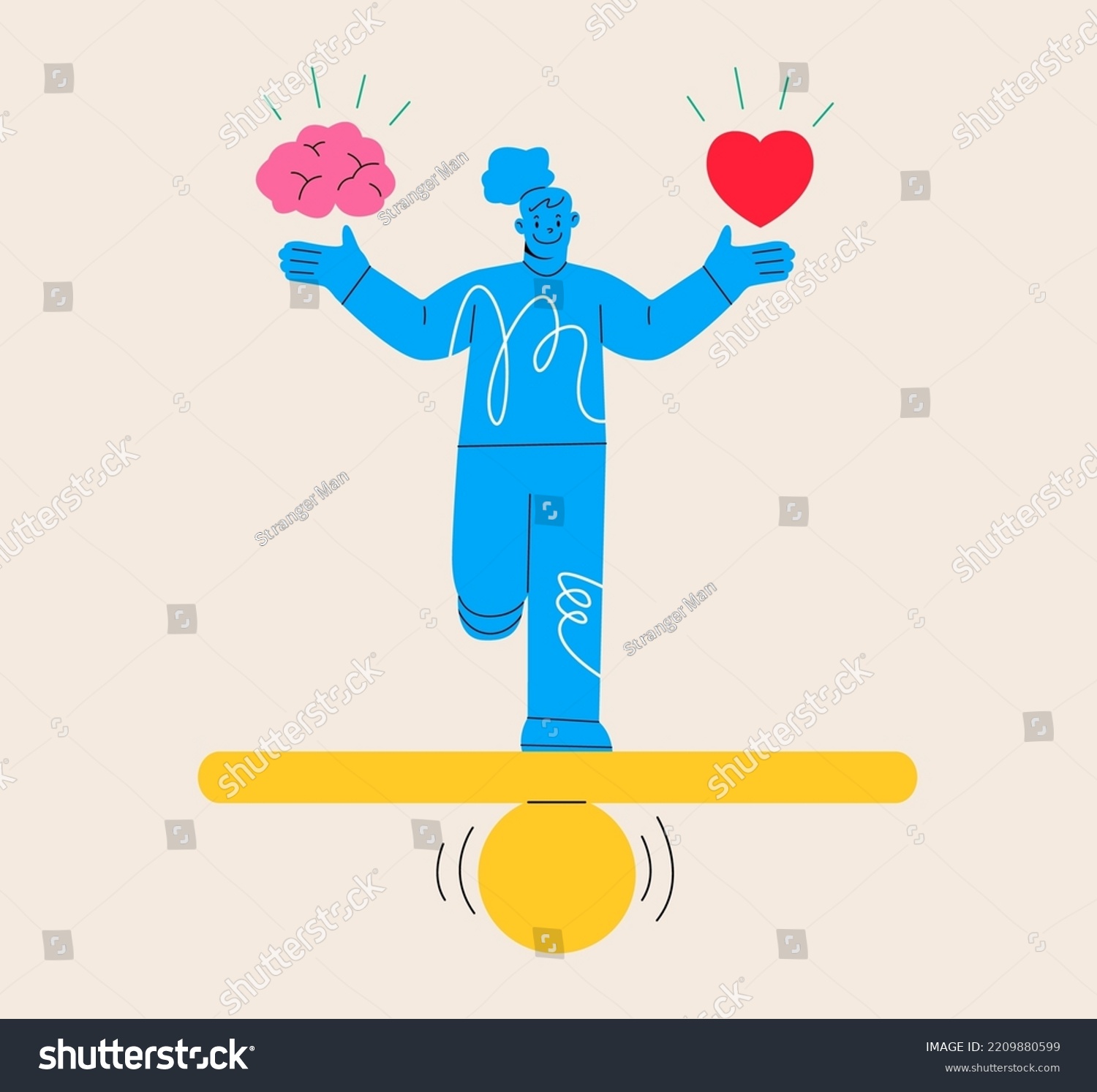 Smiling woman find balance between heart and brain. Rational reasonable and emotional choice. Colorful vector illustration         
 #2209880599