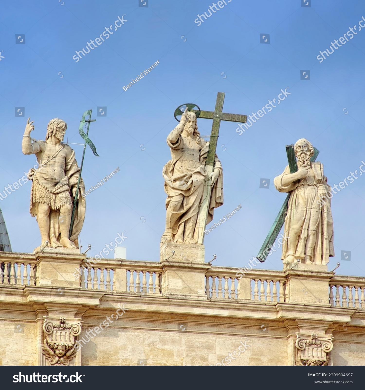 Statues at St. Peter in the Vatican. Christ redeemer in the middle, St. Andrew on the right side and St. John baptist on the left. #2209904697