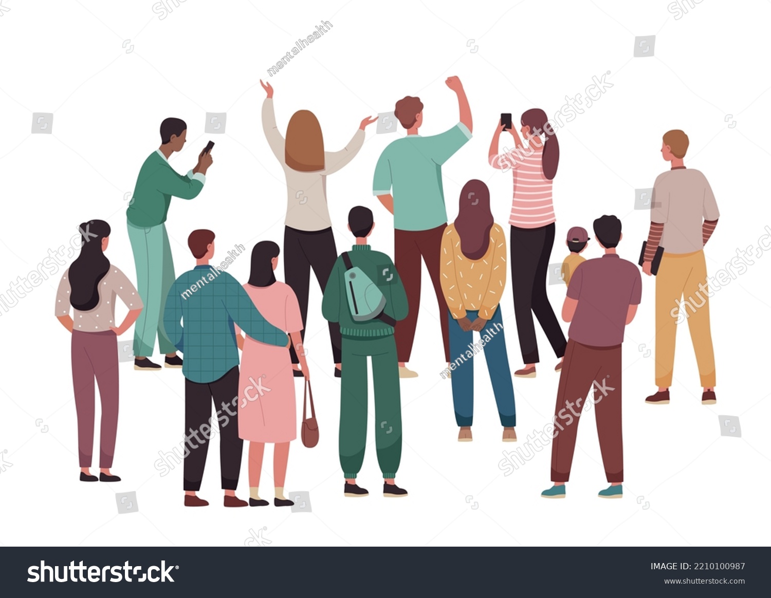 Group of people standing. Crowd, men and women in casual clothes with smartphones and briefcases on white background. Graphic element for website, poster or banner. Cartoon flat vector illustration #2210100987