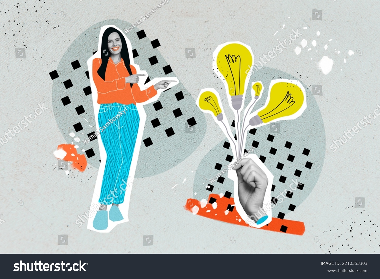 Creative trend collage of millennial lady businesswoman pointing excellent idea electric lamps bulbs isolated drawing background #2210353303