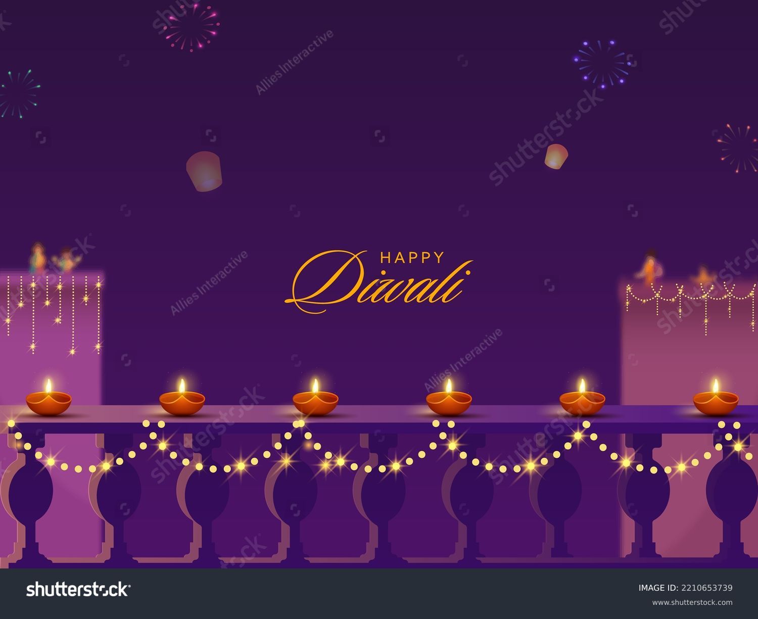 Diwali Celebration Background Decorated With Lit Oil Lamps (Diya), Lighting Garland, Sky Balloons And Buildings.  #2210653739