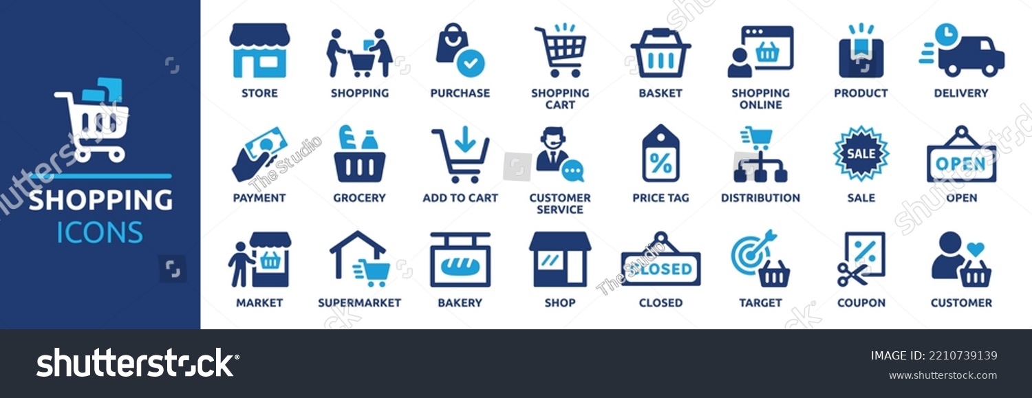 Shopping icon set. Online shopping, store, delivery, promotion and shopping cart symbol. Solid icons vector collection. #2210739139
