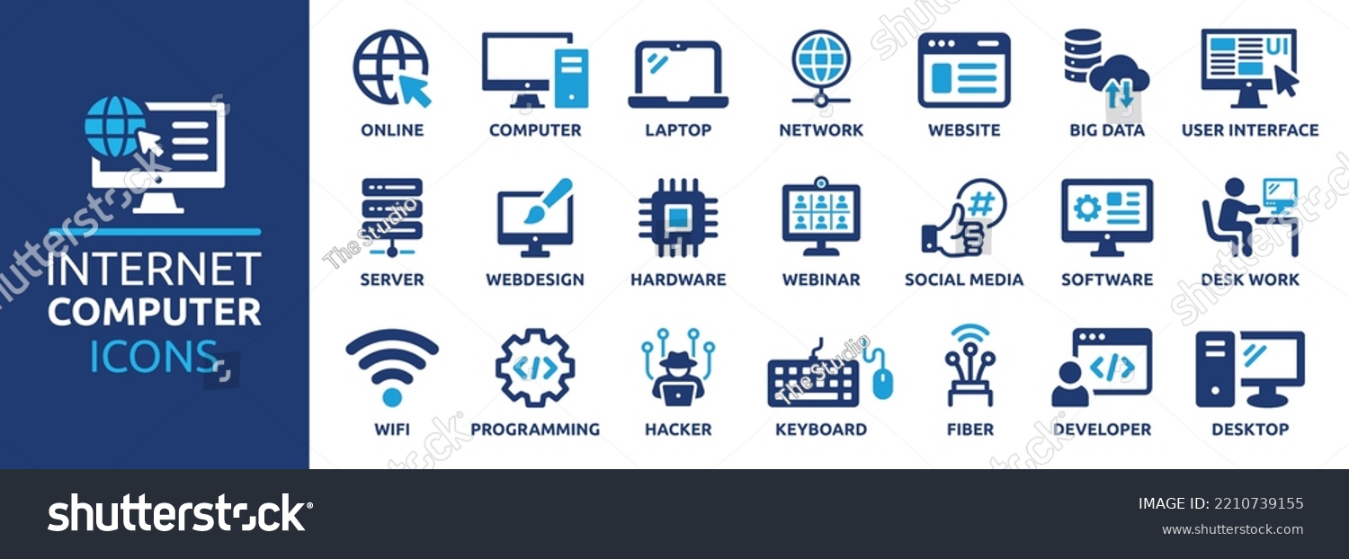 Internet computer icon set. Containing online, computer, network, website, server, web design, hardware, software and programming. Solid icons vector collection. #2210739155