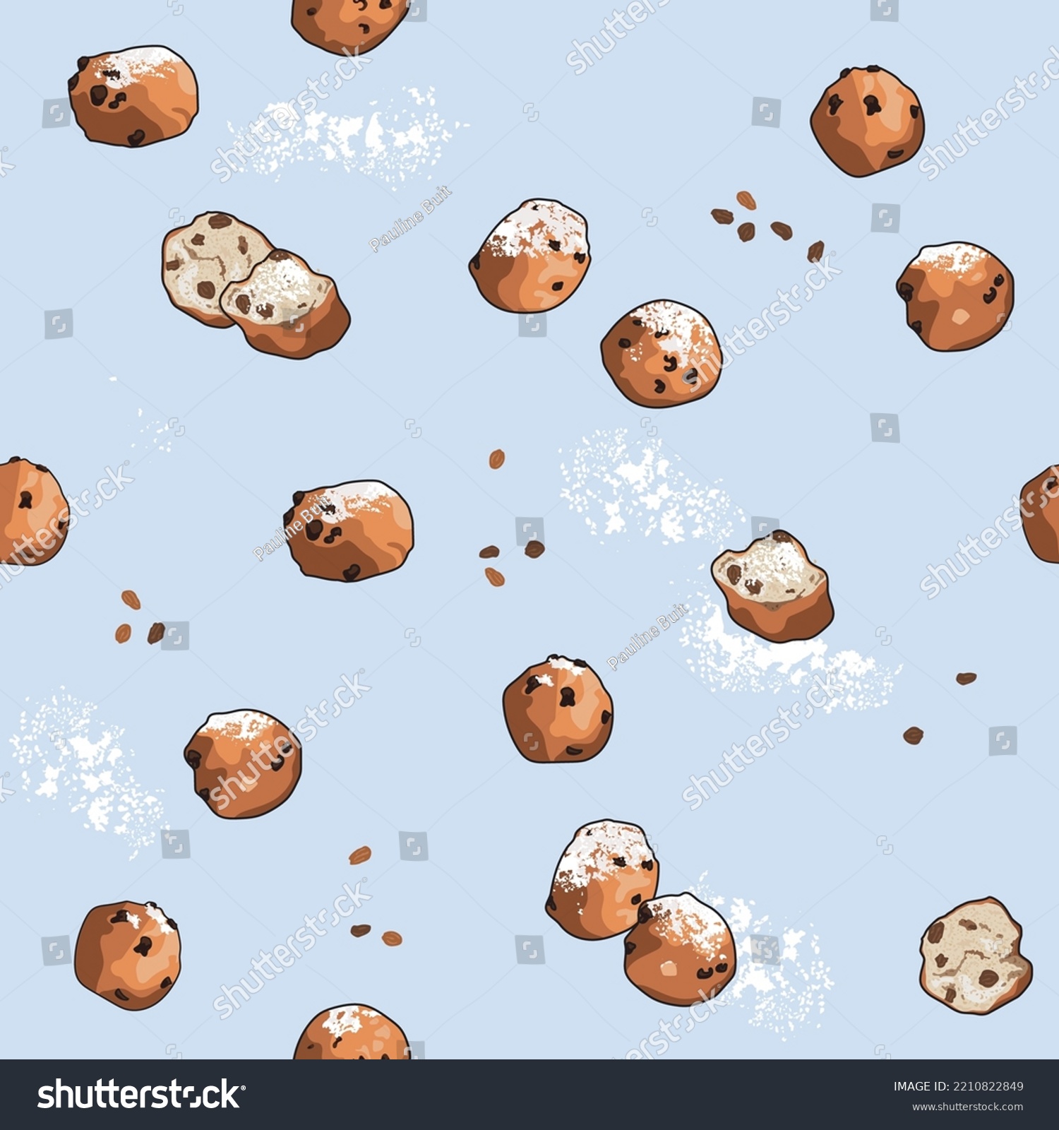 Seamless pattern with Dutch traditional 'oliebollen', deep fried doughnut balls with raisins and powdered sugar, typical Dutch food for new-year #2210822849