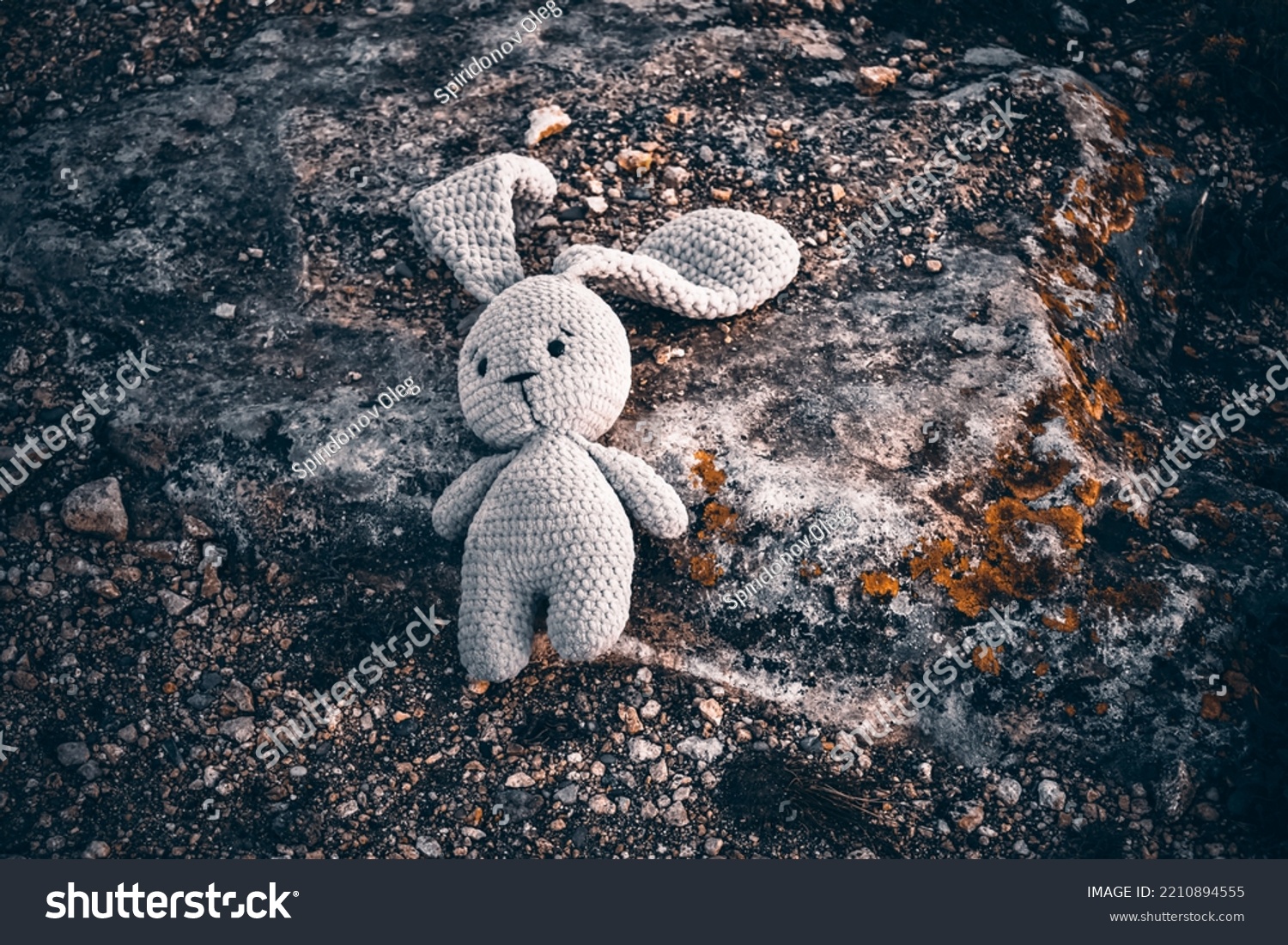 lost toy hare is lying on the ground, an abandoned hare toy, a knitted toy #2210894555