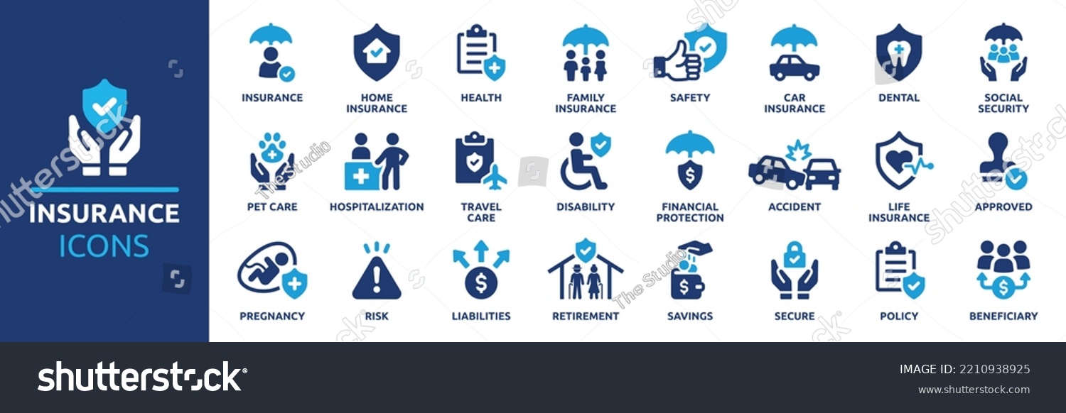 Insurance and assurance icon set. Containing healthcare medical, life, car, home, travel insurance icons. Solid icons vector collection. #2210938925