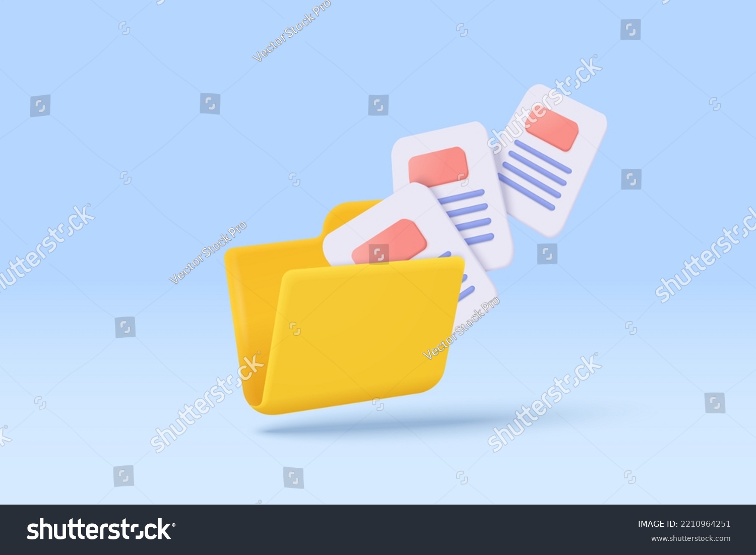 3d file transfer of document in folder, file transfer encrypted form, connection docs information migration. Access to remote file documents 3d and folder. 3d document icon vector render Illustration #2210964251