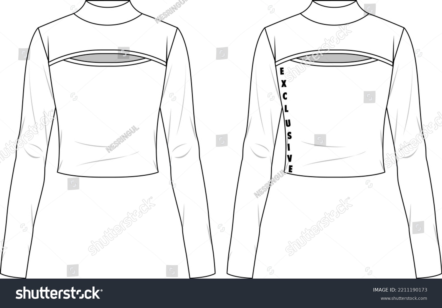 Vector cut out long sleeved t shirt fashion CAD, woman winter turtle neck wrap crop top technical drawing, template, sketch, flat, mock-up. Jersey modern crop top with front, back view, white color #2211190173