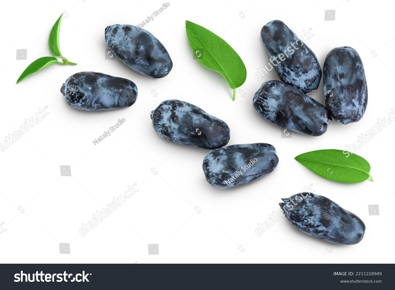 Fresh honeysuckle blue berry isolated on white background with full depth of field. Top view with copy space for your text. . Flat lay. #2211228949