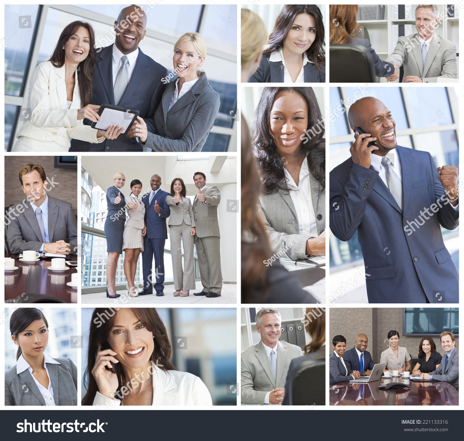 Montage of a successful team of interracial business men & women businessmen, businesswomen on cell phone, using laptop and tablet computers, in meetings making deals. #221133316