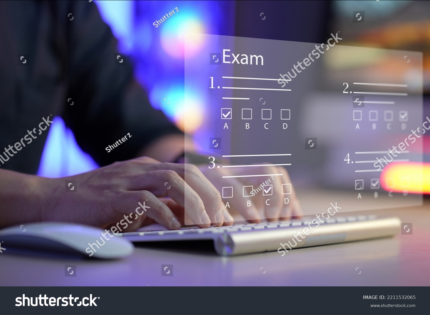 online exam concept, choose correct answer in test. checklist and online testing on laptop. online exam test with laptop. on-line questionnaire results on desktop. quiz.	 #2211532065
