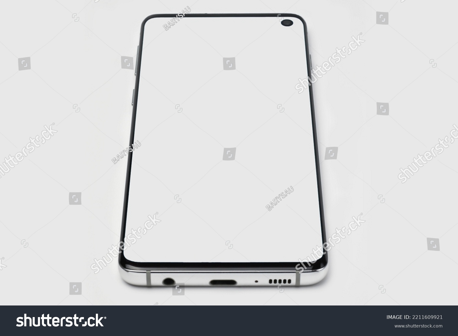 Smartphone with a white display on a white isolated background. Copyspace #2211609921