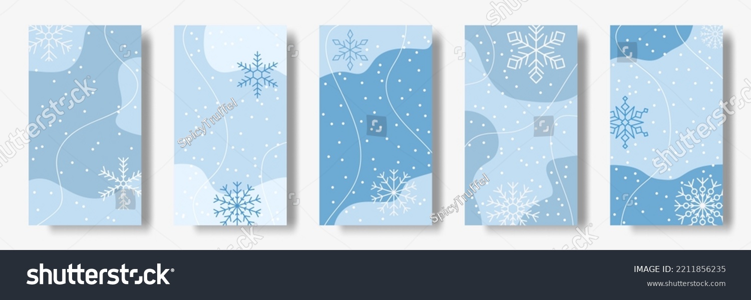 Winter snowflakes story and post design. Fashion show flyers, light banners with abstract shapes. Blue colors and white flakes, social media background, covers collection. Vector illustration #2211856235