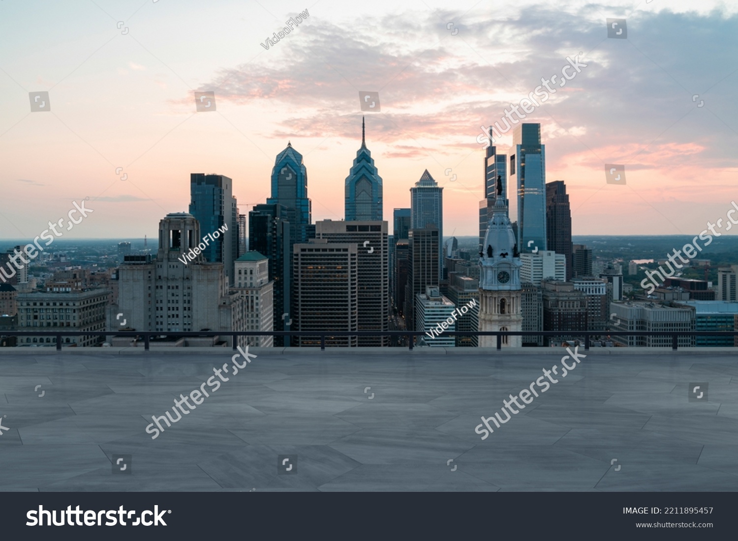 Skyscrapers Cityscape Downtown, Philladelphia Skyline Buildings. Beautiful Real Estate. Sunset. Empty rooftop View. Success concept. #2211895457