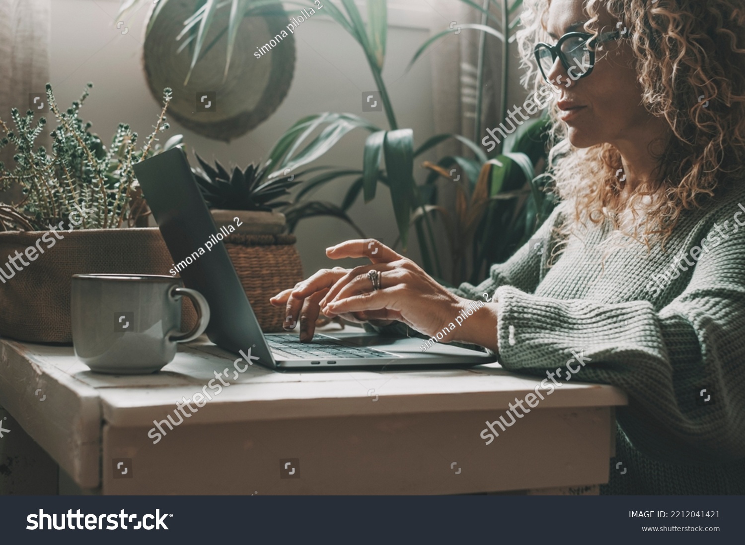 Professional woman working at home on laptop writing with concentrated expression. Modern female people using computer in indoor online leisure activity. Shopping or business smart work job freelance #2212041421