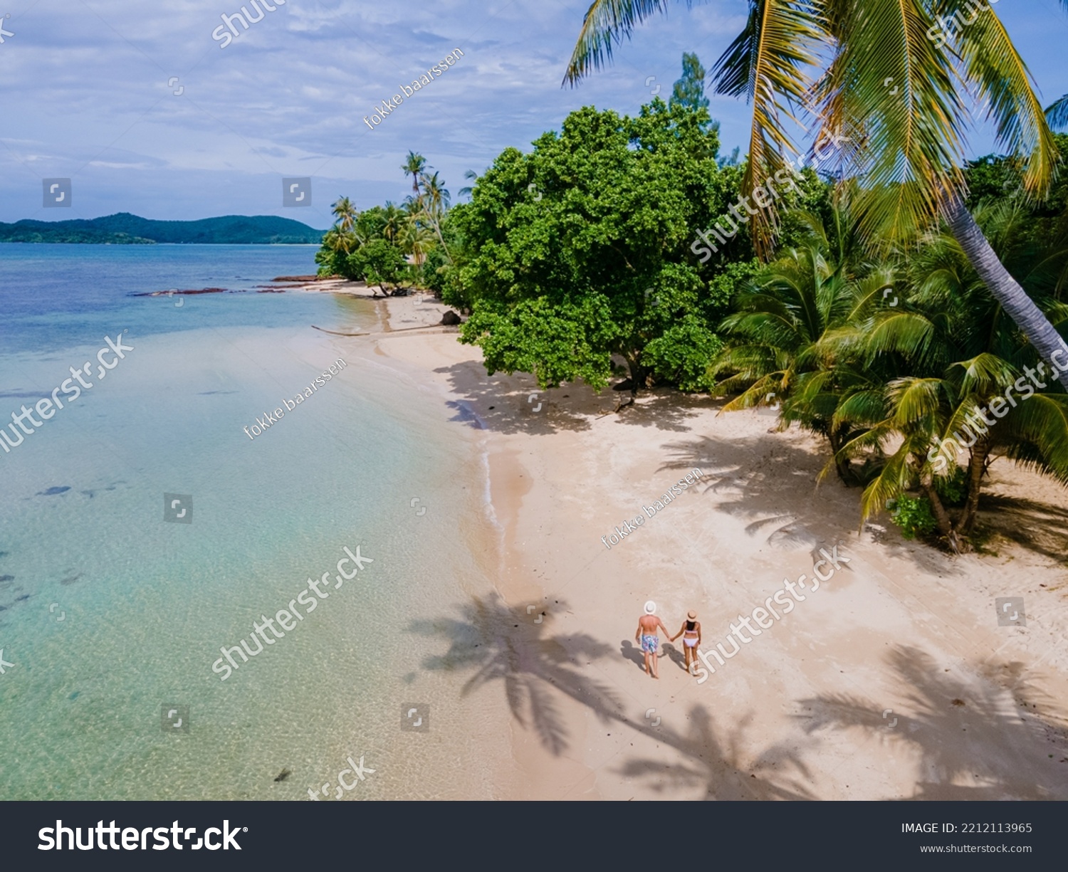 Tropical beach with palm trees, a couple of men and women on vacation at a tropical Island in Thailand Koh Mak. turquoise colored water and palm trees at a tropical island, drone aerial view #2212113965