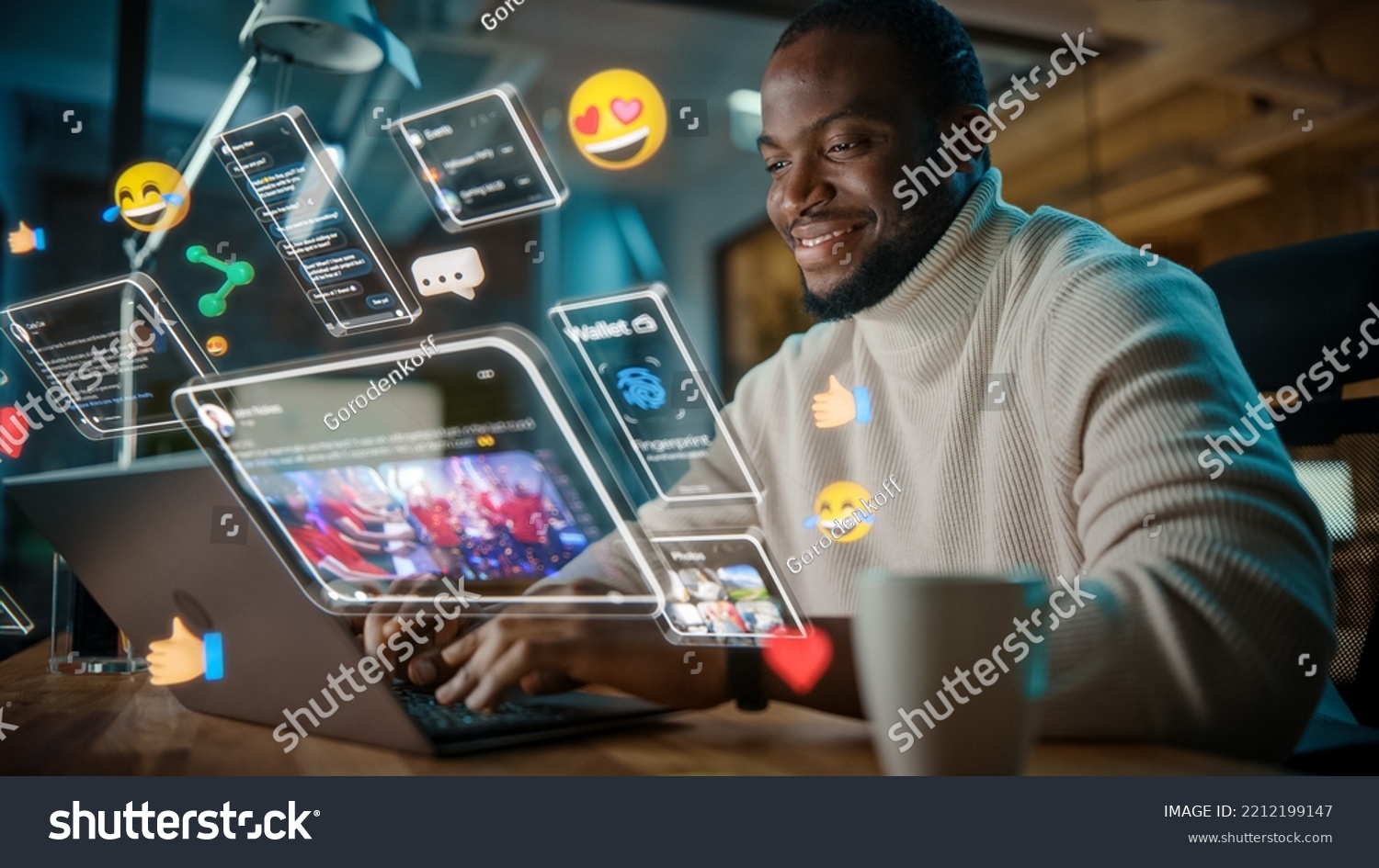 African American Project Manager Working on Computer in Office. Augmented Reality Social Media Icons Appear From Worker's Laptop. Internet of Things, Internet Connectivity and Online Concept. #2212199147