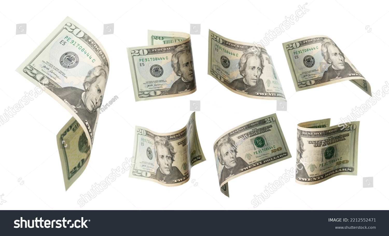 50 dollars flying on white background. USA banknotes at different angles. Front side #2212552471