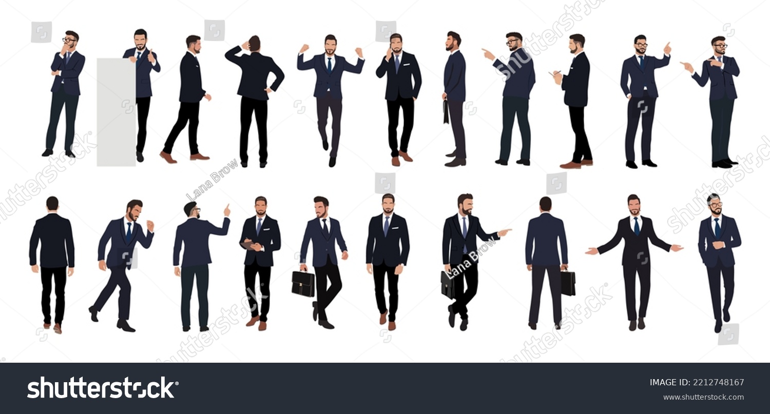 Set of Businessman character in different poses. Handsome man with beard wearing formal suit standing and walking, using phone , front, back and side view. Vector realistic illustration isolated white #2212748167