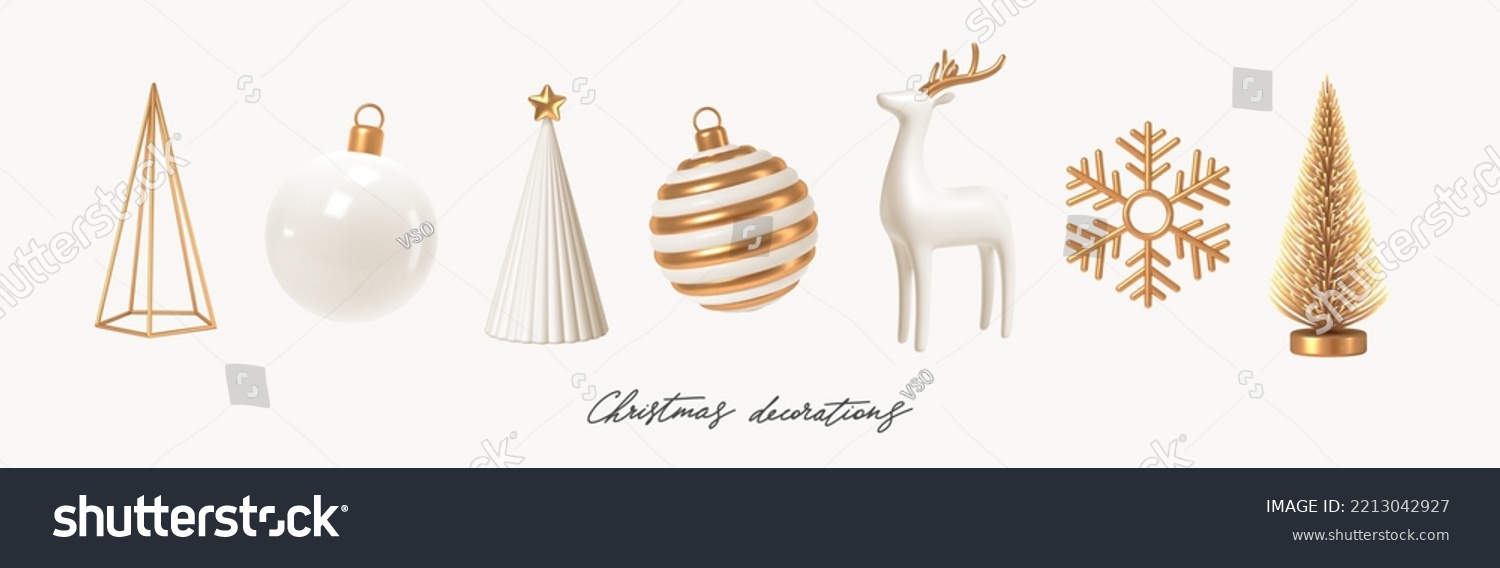 Set of white and gold realistic Christmas decorations. 3d render vector illustration. Design elements for greeting card or invitation. #2213042927