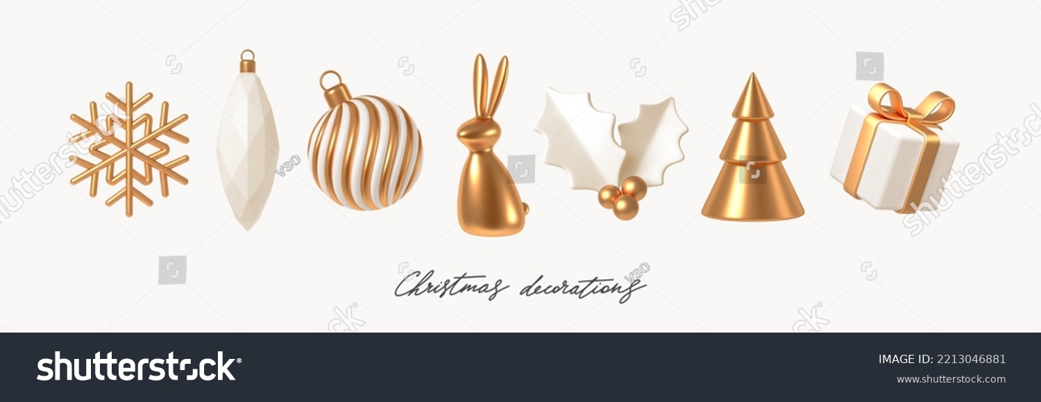 Set of white and gold realistic Christmas decorations. 3d render vector illustration. Design elements for greeting card or invitation. #2213046881