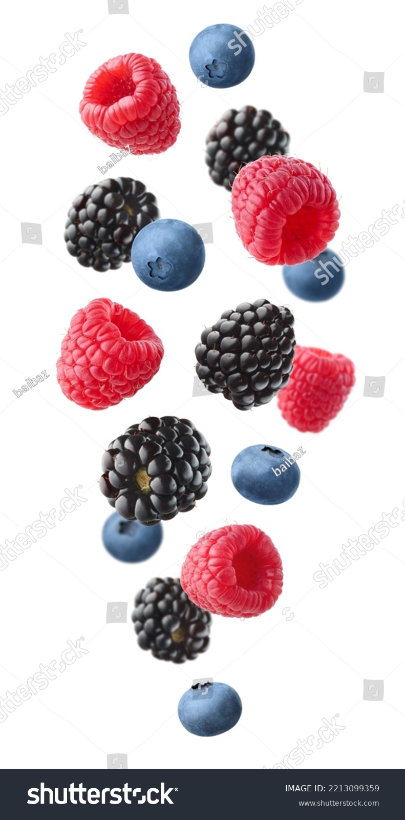 Collection of various falling fresh ripe wild berries isolated on white background. Raspberry, blackberry and blueberry. Vertical composition #2213099359